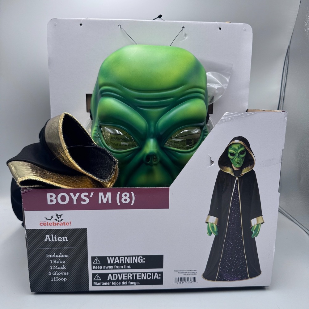 Way to Celebrate Boys Alien Costume Size M 8 Halloween Mask Robe Gloves Hooded